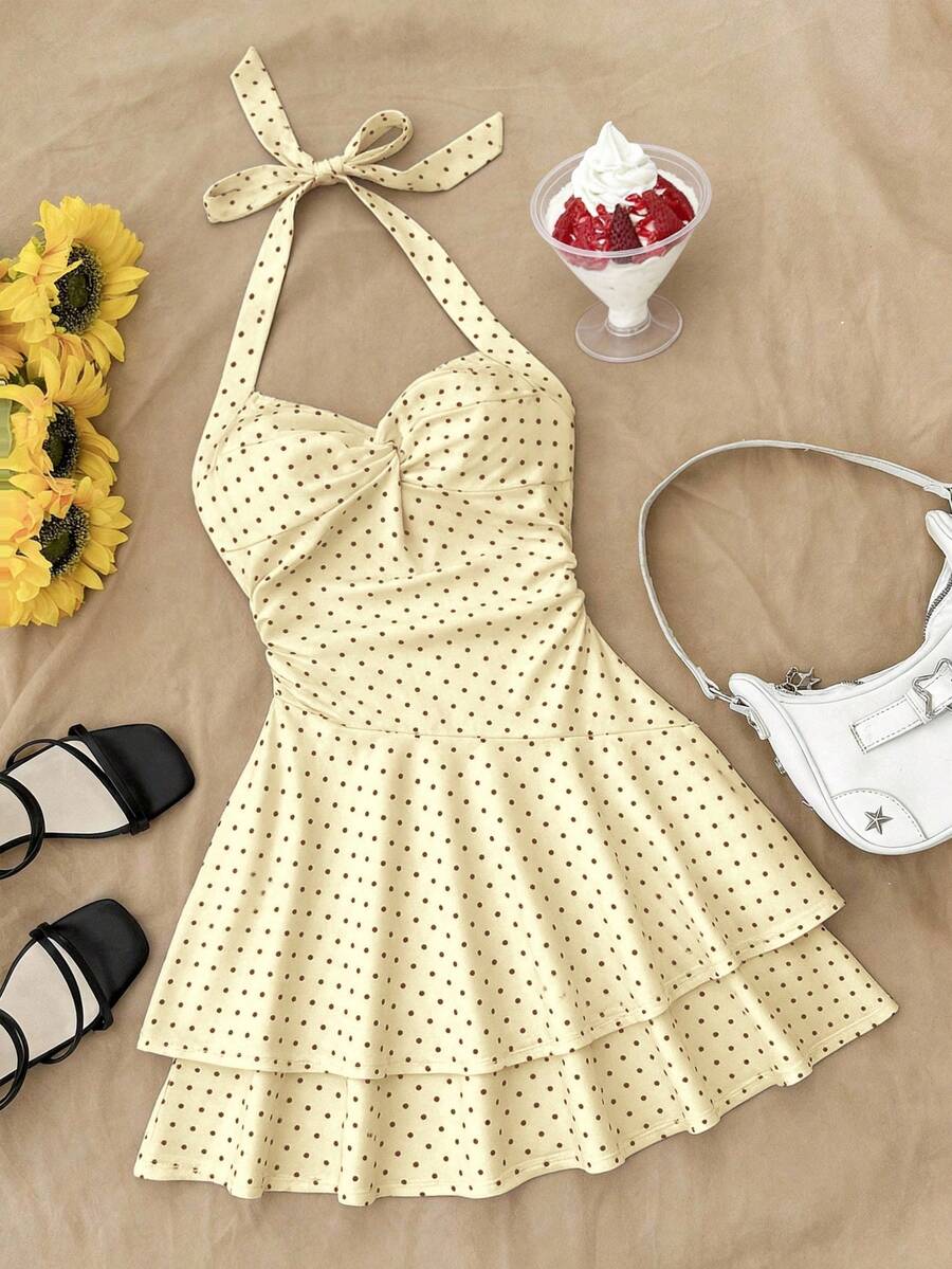 兒童青少年女童波點印花露背黃色迷你洋裝,附綁帶/荷葉邊裙襬與雙層設計,適合派對/約會/情人節/度假穿搭/度假洋裝/海邊度假穿搭 - 黃色 - 查看 1
