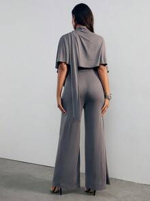 Hauture Damen Sexy Elegante Lässige Stretch Weiche Strick Lose Passform Schal Bindung Jumpsuit, Vielseitige Komfort Kleidung, Hochzeiten Brunch, Babypartys, Grau Herbst - Dunkelgrau - Übersicht 2