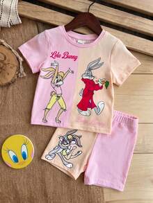 LOONEY TUNES X SHEIN 女嬰卡通印花拼接圓領短袖T恤與休閒修身短褲套裝 - 粉色 - View 3
