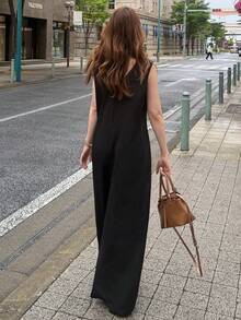 FRIFUL Women's Summer New Solid Color Layered Waist D-Ring Belt Loose Casual Versatile Jumpsuit - Black - View 2