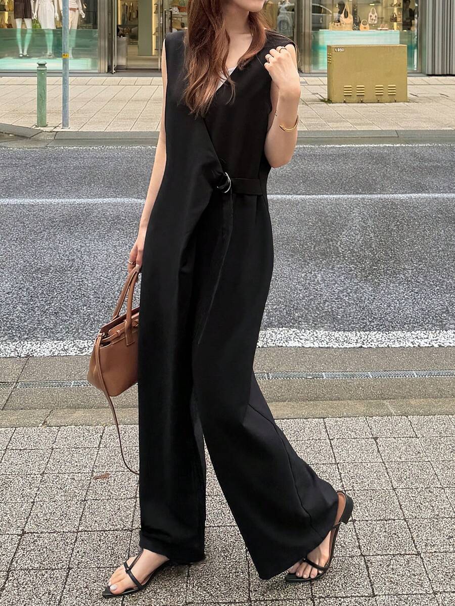 FRIFUL Women's Summer New Solid Color Layered Waist D-Ring Belt Loose Casual Versatile Jumpsuit - Black - View 1