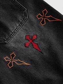 ROMWE MEN Men's Pocket Button Cross Embroidery Denim Shorts - Black - View 5