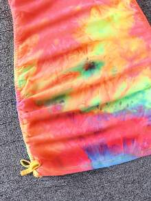 SHEIN Young Girl Fashionable Blue Summer Matching Family Vacation Pride Month Tie-Dye Dress,Sweet Pleated Design With 3D Bow,Cute School Party Outfit - Multicolor - View 4
