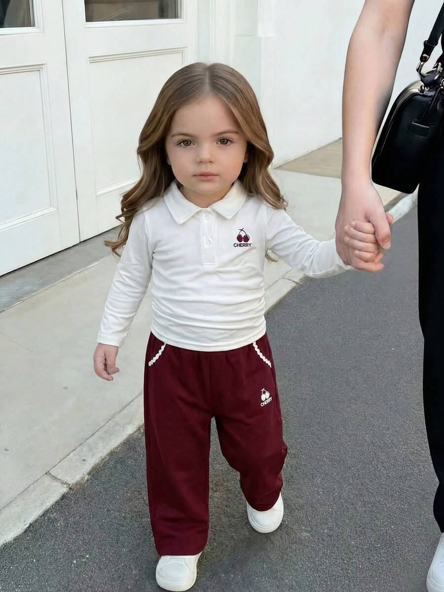 SHEIN 2pcs/Set Girls' Casual Versatile Solid Color Knit Long Sleeve Polo T-Shirt Set With Cherry Pattern, Suitable For Fall And Winter - White - View 1