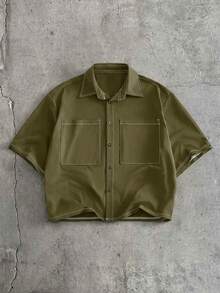 AXEPEAK Men's Single-Breasted Short Sleeve Shirt And Shorts Casual Daily Outfit - Army Green - View 4
