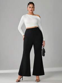 SHEIN Tall CURVE 新款加大码女式高个纯色休闲喇叭裤，女式喇叭打底裤，职业装，修身女式工作服，办公室工作裤，女式高腰裤，高腰设计让您看起来更苗条，腿部更修长，适合高个女性。高腰设计让您看起来更苗条，腿部更修长，适合高个女性。复古风格，适合所有季节和场合，适合高个女孩和女性，夏季喇叭裤，夏季喇叭裤，夏季喇叭裤，夏季套装，阔腿裤，职业裤，优雅裤，休闲裤，夏季高腰显瘦阔腿裤，优雅女士礼服裤，优雅派对裤，优雅女士裤，优雅长裤裤子、女士度假装、女士假日装、夏季假日装、夏季度假装、女士休闲裤、女士性感裤、狂欢节服装、2026年狂欢节女士造型、2026年狂欢节女士服装、狂欢节女士装扮 - 黑色 - 查看 6