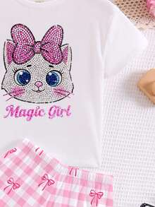Tween Girl Casual Cute Shiny Textured Cartoon Kitty Cat Pattern, Pink And White Bow, Plaid, Round Neck Short Sleeve Shorts Loungewear For Summer - Multicolor - View 5
