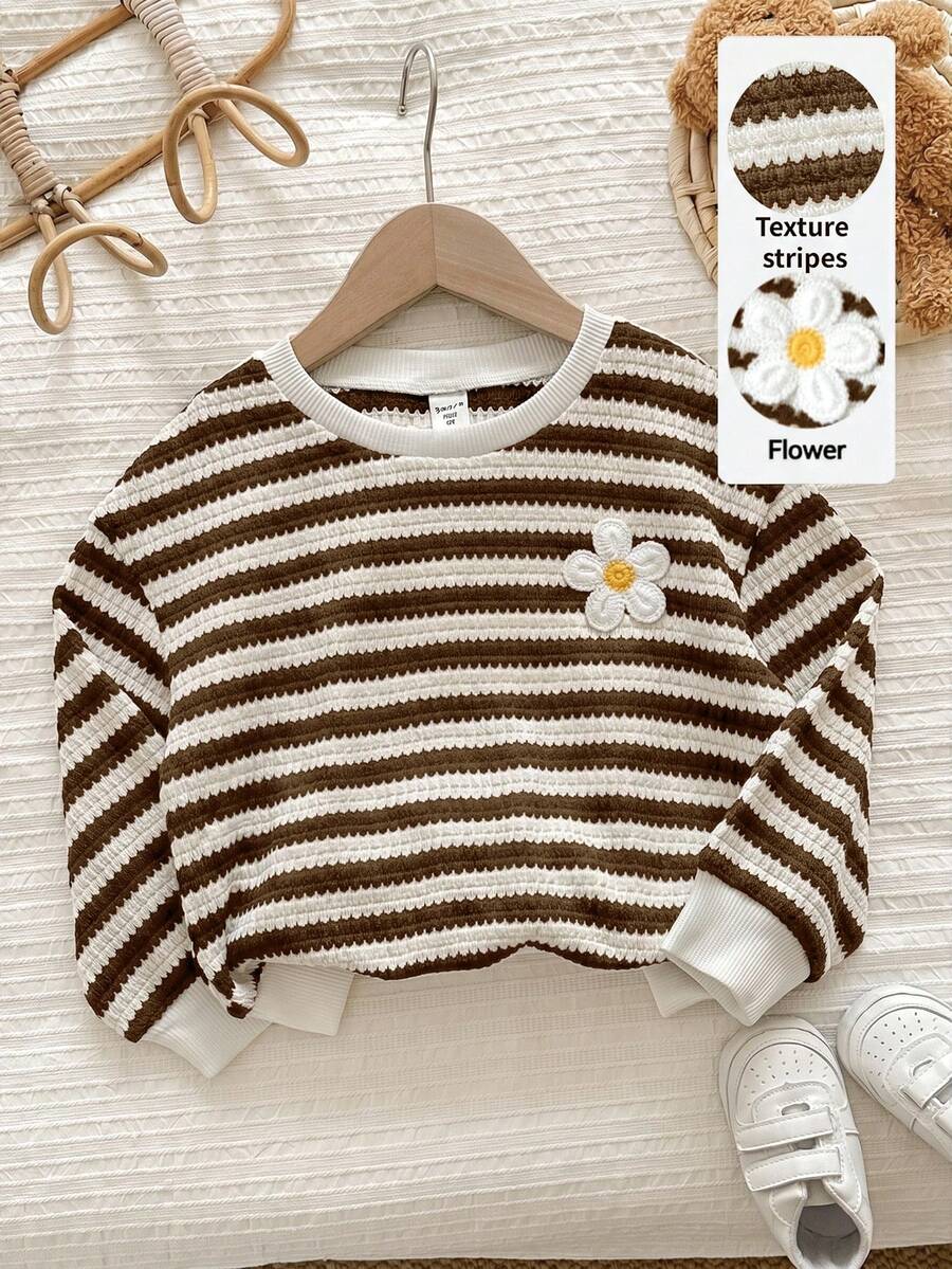 LMoss Kids Young Girl Knitted Striped Round Neck Loose Casual Sweatshirt - Coffee Brown - View 1