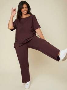SHEIN BASICS Plus Solid Tee Pants For Summer Formal Holiday Burgundy Casual - Brown - View 4