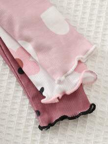 Cozy Pixies Baby Girl 6pcs Set: Plant & Floral Pattern Knit Soft Round Neck Long Sleeve Ruffle Pullover Top & Elastic Waist Long Pants - Pink - View 4