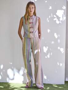 Nöista Color-Block Striped Trousers With Relaxed Straight Fit For Vacation And Casual Summer Styling. - Multicolor - View 9