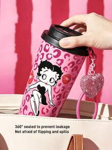 Betty Boop x SHEIN 500ml /16 Oz 真空保溫不鏽鋼杯，1個防漏蓋，適用熱飲/冷飲，適合大多數杯架，禮物首選，派對、節日、情人節 - 玫紅色 - 查看 4