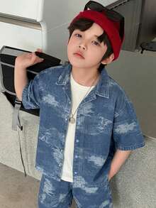 Dazy Kids Textured Design Lapel Shacket + Straight Leg Denim Shorts Casual Cool Tween Boys Denim Set Summer - Medium Wash - View 4