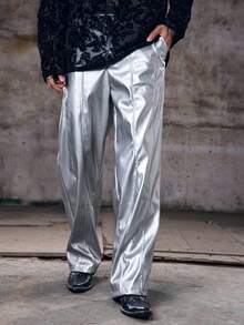 Skyrend Men's PU Leather Pocket Loose Fit Wide Leg Pants Silver Pants Flare Pants Metallic Pants Reflective Pants Rave Pantsemo Grunge - Silver - View 4
