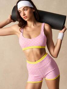 VARSIVA Women's Color Block Polka Dot Print Ultra Short Tank Top And Shorts Sports Set - Pink - View 11