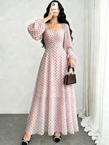 Modelyn 春夏季波點收腰優雅時尚喇叭長洋裝 - 彩色 - 查看 5
