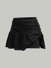 Girlism 青少年女孩春/夏新款白色針織休閒極簡波點印花貼身抓皺A字低腰迷你裙，波點，波點裙，波點短裙，休閒，個性化穿搭，日常百搭 - 黑色 - 查看 3