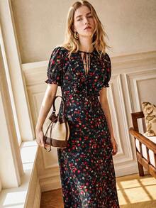Écloséra Summer New French Vintage Black Floral V-Neck Puff Sleeve Long Dress, French Vintage Waist-Defining Slimming Tea Length Dress, Suitable For Beach Vacation And Commute Elegant Outfit - Pink - View 2