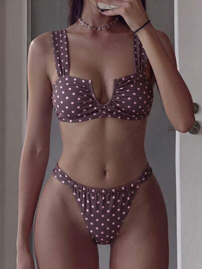Bonvoyette Bộ bikini nữ 2 món dây dày, họa tiết chấm bi, vải nhún, thiết kế thanh lịch cho kỳ nghỉ