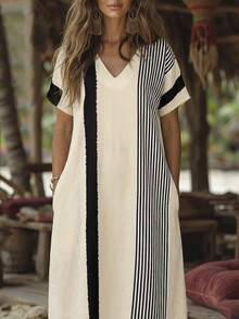 Isle Nomé Women's Fashion Casual Black And White Colorblock Asymmetric Stripe Mid-Sleeve Loose Long Maxi Dress Spring Summer Bohemian Vacation Slouchy V-Neck - Multicolor - View 3