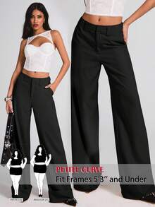SHEIN PETITE CURVE Plus Size Versatile Solid Color Wide Leg Pants, Suitable For Commuting - Black - View 1