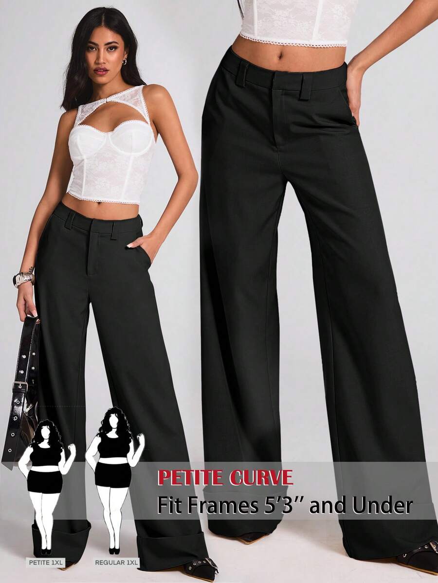 SHEIN PETITE CURVE Plus Size Versatile Solid Color Wide Leg Pants, Suitable For Commuting - Black - View 1