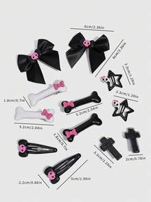 ROMWE Anime 12PCS Sweet & Cool Hair Clips Set, Bow & Bone Hair Pins, Black & Pink Cross Skull Bangs Clips For Halloween Styling - Color 1 - View 2