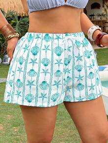 Swim Vcay Plus Size Summer Beach Vacation Shell Starfish Print Drawstring Waist Cover-Up Shorts White Tropical Safari - Multicolor - View 4