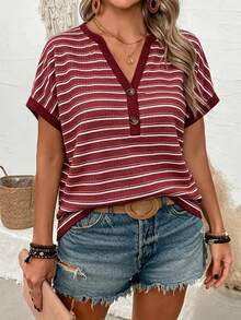 EMERY ROSE CURVE Plus Size Summer Casual Striped Notch Neck T-Shirt - Multicolor - View 1