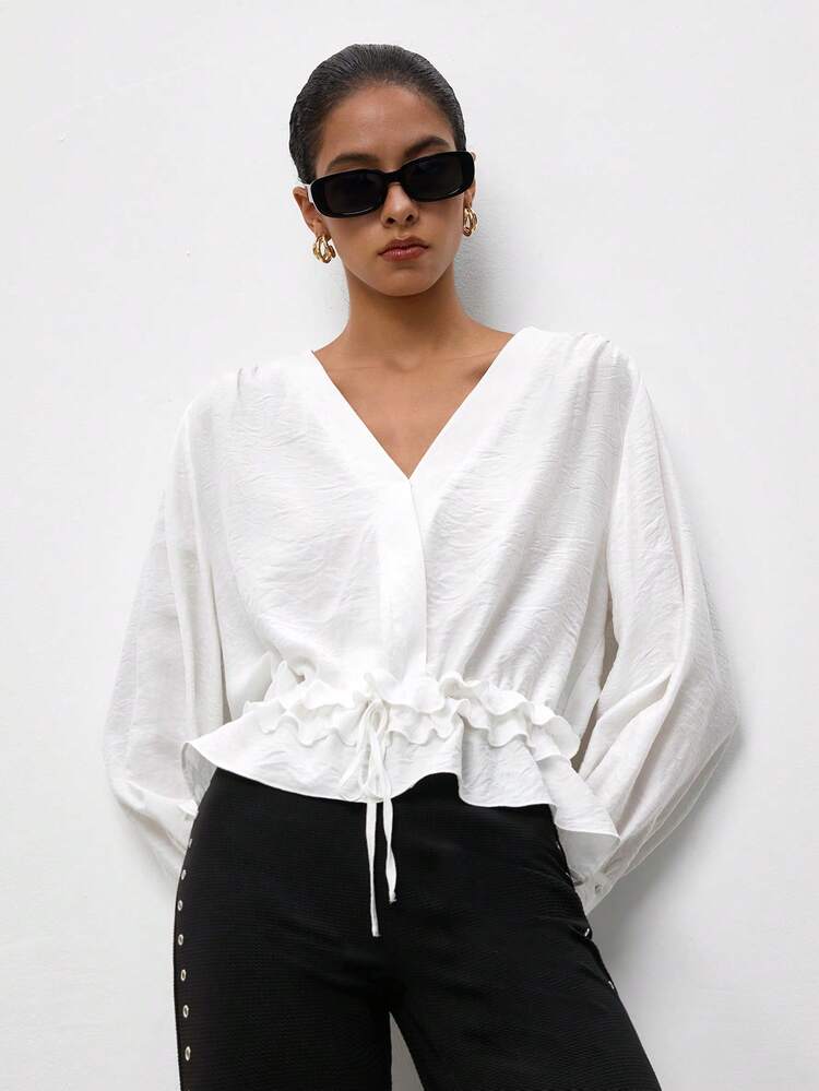 SHEIN Maija White Summer Women's V-Neck Ruffle Long Sleeve Blouse Date Elegant Frenchy