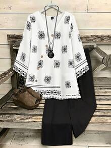 EMERY ROSE Standard Size Women's Retro Pattern Placement Print V-Neck Coconut Button Pocket 3/4 Sleeve Top + Straight Leg Pants 2 Pieces Set Black And White Black - Black and White - View 3