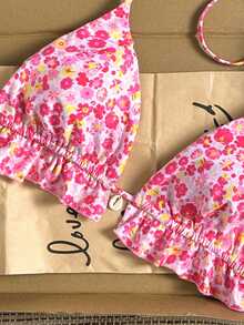Swim Vcay 女款夏季海灘度假風碎花荷葉邊露背繫帶掛脖比基尼上衣 - 彩色 - 查看 3