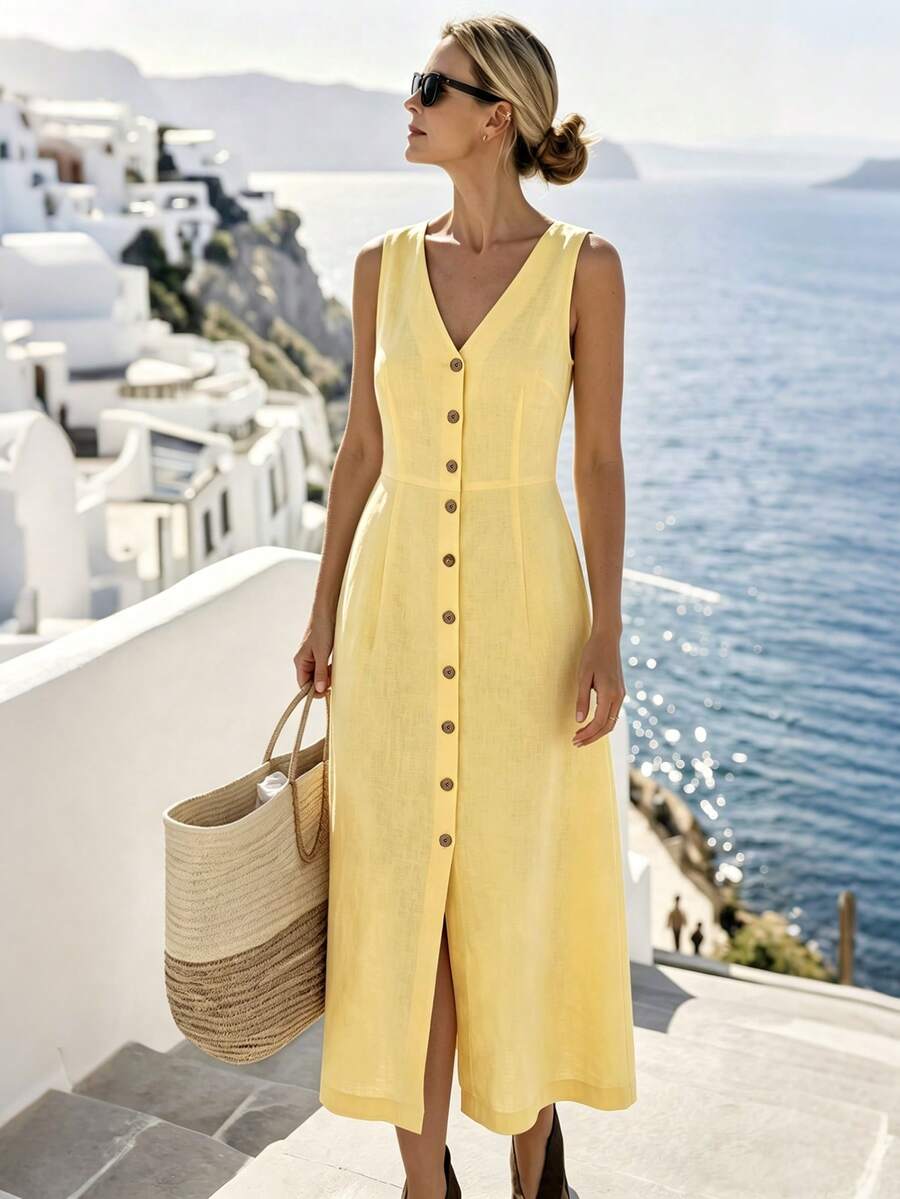 Selamara Women's Solid Color V-Neck Single-Breasted Casual Party Dress - Yellow - View 1