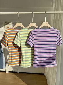Comfortcana Kaos Lengan Pendek Bergaris Warna-warni Ukuran Besar untuk Wanita, Paket 3 Buah, Musim Semi/Panas - MultiWarna - View 2