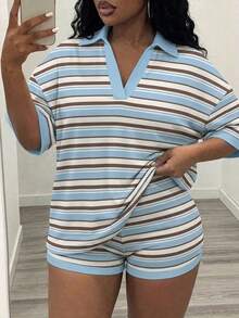 Slaydiva Plus Size Summer Casual Curve Smart Casual Striped T-Shirt And Shorts 2 Pieces Set Loungewear Light Blue - Multicolor - View 1