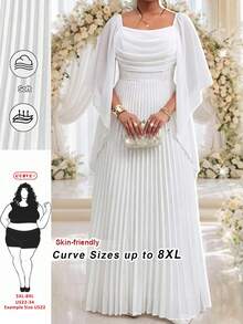 SHEIN CURVE+ Đầm dự tiệc cỡ lớn dành cho nữ, màu trơn, xếp ly, phối lưới, kiểu dáng thanh lịch, có phần eo thắt lại. - trắng - Xem 5