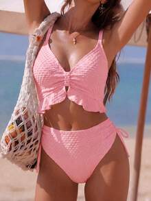 Swim Vcay Women's Solid Color Textured Fabric Sweet Ruffle Drawstring Ruched High Waist Tank Bikini Top - Pink - View 1