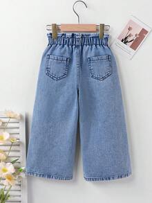 SHEIN Elladie kids 少女休閒波希米亞風度假平腰平口袋寬腿牛仔褲，日常穿搭 OOTD - 中等水洗藍 - 查看 2