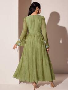 Veilorie Women's Textured 3D Floral Decor Pleated Vacation Dress - Green - View 8
