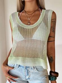 Livesso Women's Solid Color Hollow Out Casual Vacation Cover-Up Top Summer Beach Outfits - Green - View 2