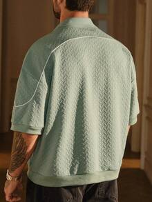 SIGLOCORE Men's Loose Comfortable Casual Vacation Fashion Textured Handsome Versatile Grey Green POLO Shirt - Green - View 3