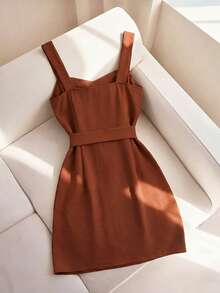 Franclia Damen Sommer einfarbiges ärmelloses Kleid, Minikleid mit Taillengürtel und Knopfleiste, geeignet für Urlaub, Pendeln und Dates - Braun - Übersicht 4