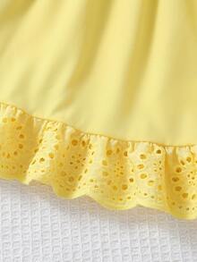 Elladie kids 女童2件組荷葉邊露肩上衣與珍珠裝飾牛仔褲，適合夏季日常穿著 - 黃色 - 查看 6