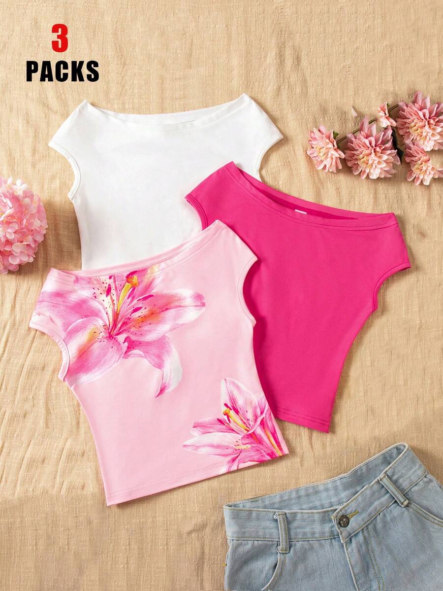 Sparklyn Set de 3 camisetas ajustadas de hombros descubiertos para niñas, estilo vacacional, multicolor - Multicolor - Ver 1