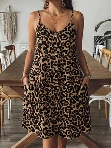 SHEIN VCAY Casual Boho Vacation Retro Leopard Print Plus Size Women's Dress Suitable For Summer Beige Dress Vacation - Multicolor - View 1