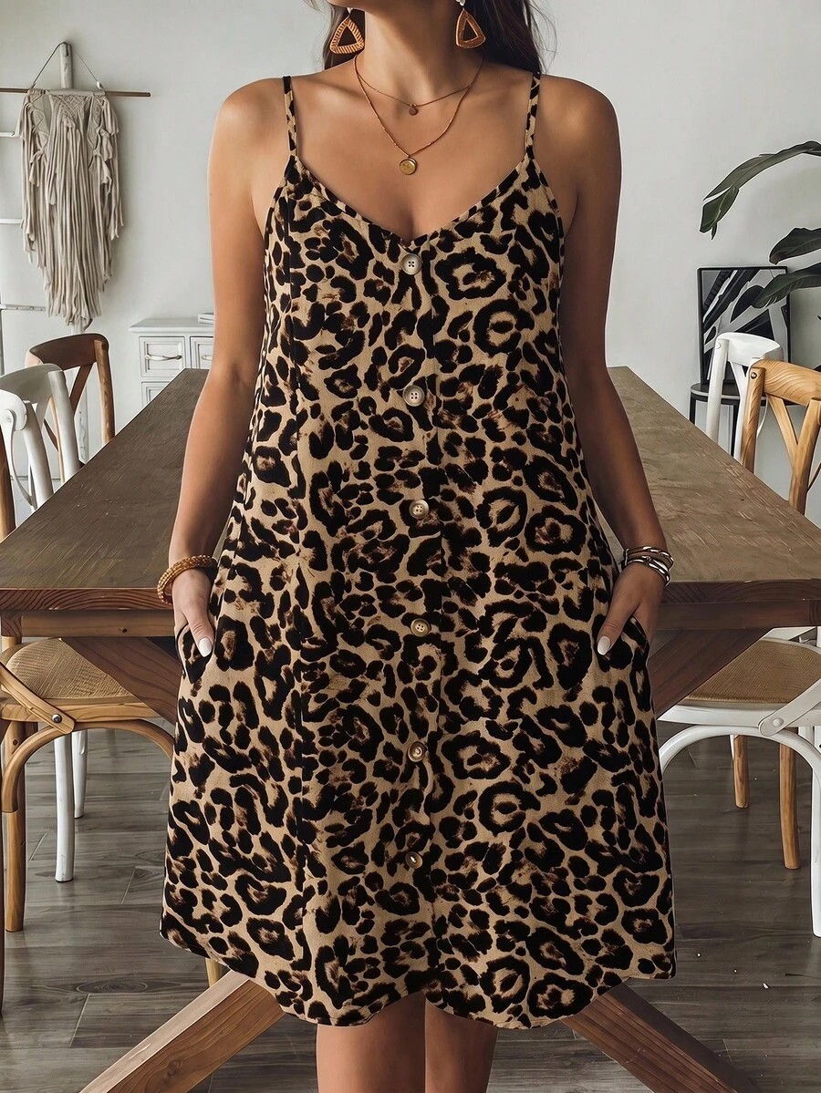 SHEIN VCAY Casual Boho Vacation Retro Leopard Print Plus Size Women's Dress Suitable For Summer Beige Dress Vacation - Multicolor - View 1