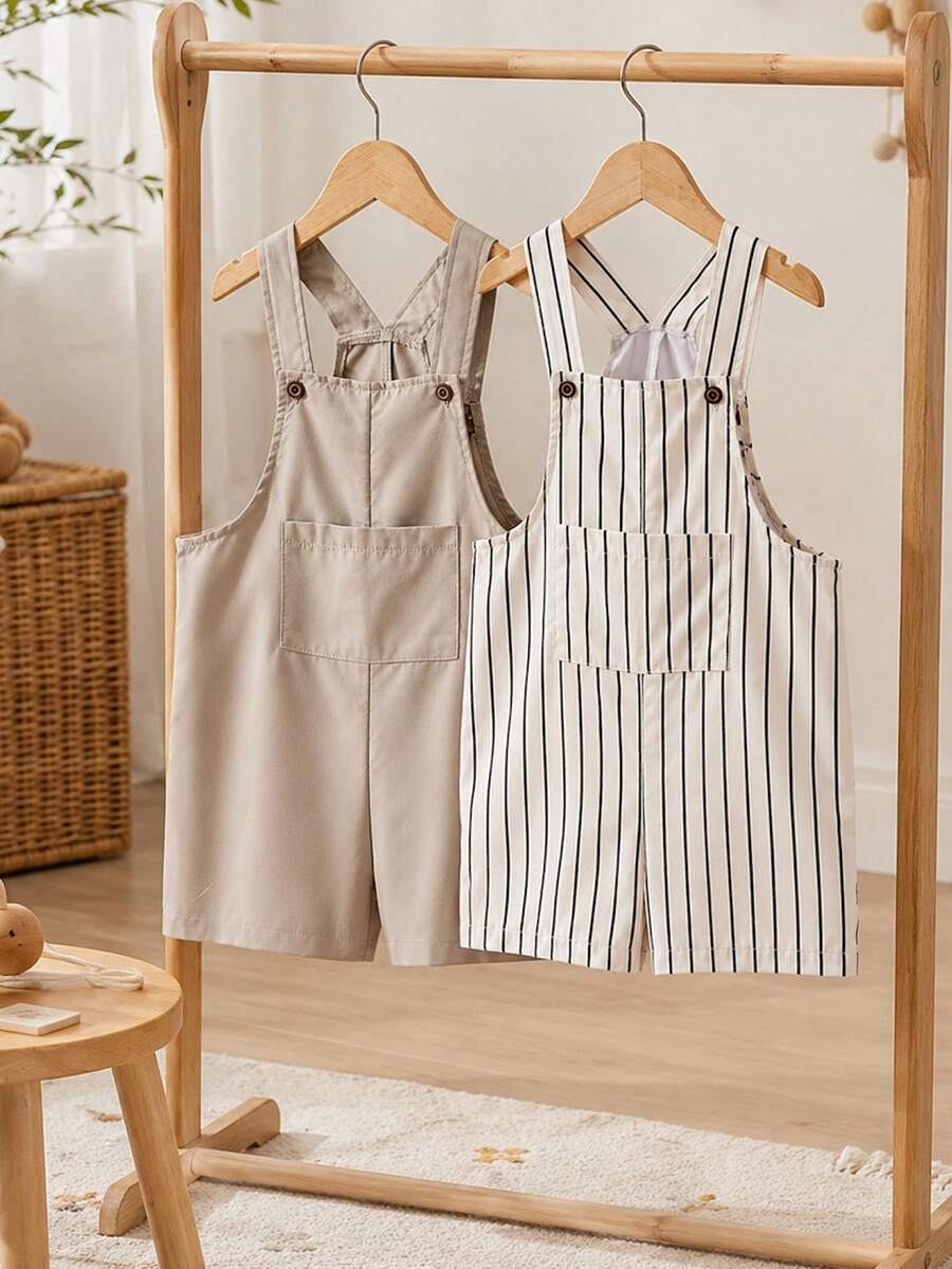 SHEIN Casuvi Kids 2件裝小男孩休閒條紋吊帶褲,適合夏季日常休閒穿著 - 卡其色 - 查看 1