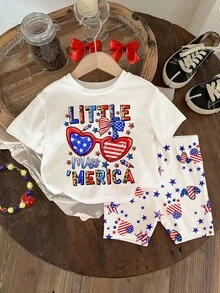 白色 7月4日 復古可愛紅藍字母 Little Miss America 女嬰簡約休閒圓領短袖T恤與單車短褲套裝，適合春夏日常、假日、日，甜美女孩風 - 彩色 - 查看 3