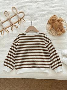 LMoss Kids Young Girl Knitted Striped Round Neck Loose Casual Sweatshirt - Coffee Brown - View 2