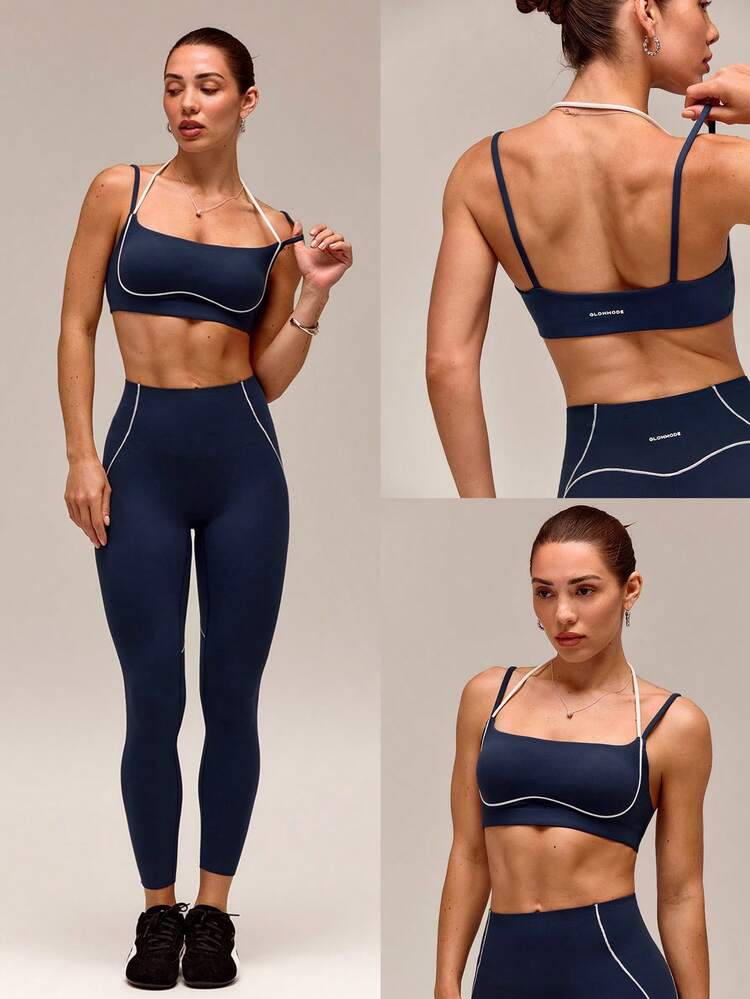 FeatherFit™ Workout Lover Buttery-Soft Sweat-Wicking Contrasting Seams Halterneck Strap Design Removable Cups Two-Tone Sports Bra Low Impact Yoga Pilates Studio Gym Daily Active Casual Wear
